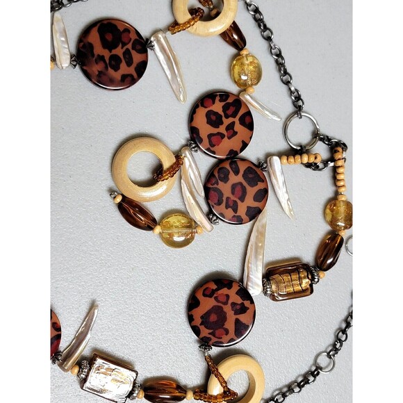 Beaded Belt Glass Acrylic Wood Chain Link Adjustable Silver Tone Leopard Vintage